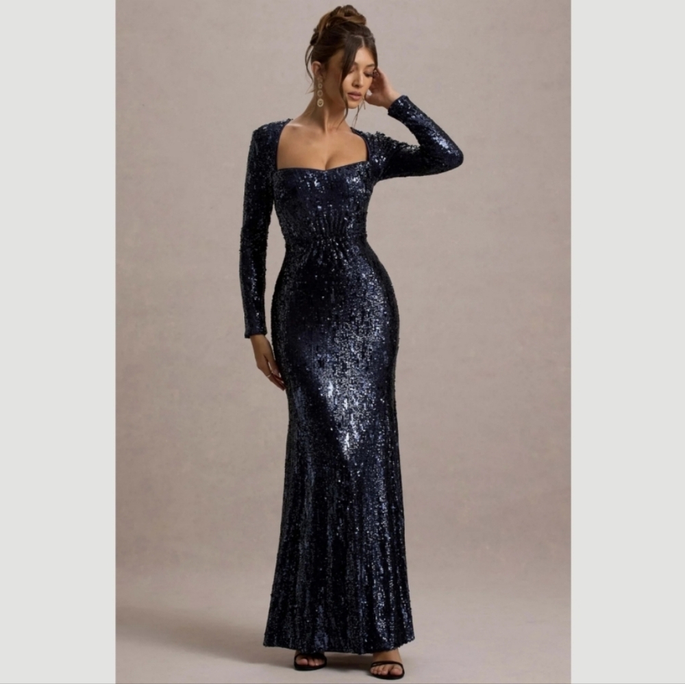 Club L London Ensley Navy Sequin Sweetheart Long Sleeve Maxi Dress New Size 2